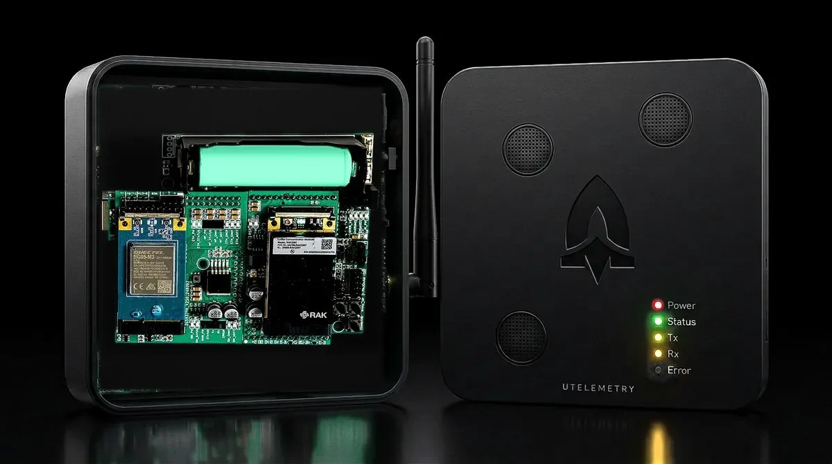 Gateway LoRaWAN de 8 canales UTelemetry: placa y gabinete negro con luces y antena